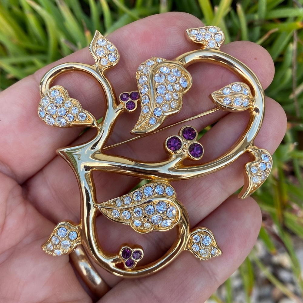 Large Swarovski Crystal Gold Tone Floral Scroll Brooch with Swan Logo, 7cm